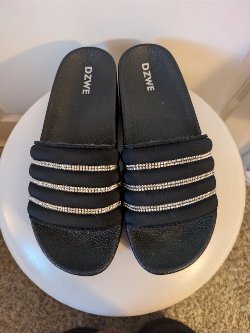 Like New Black Platform Slide Sandals with Rhinestone Straps